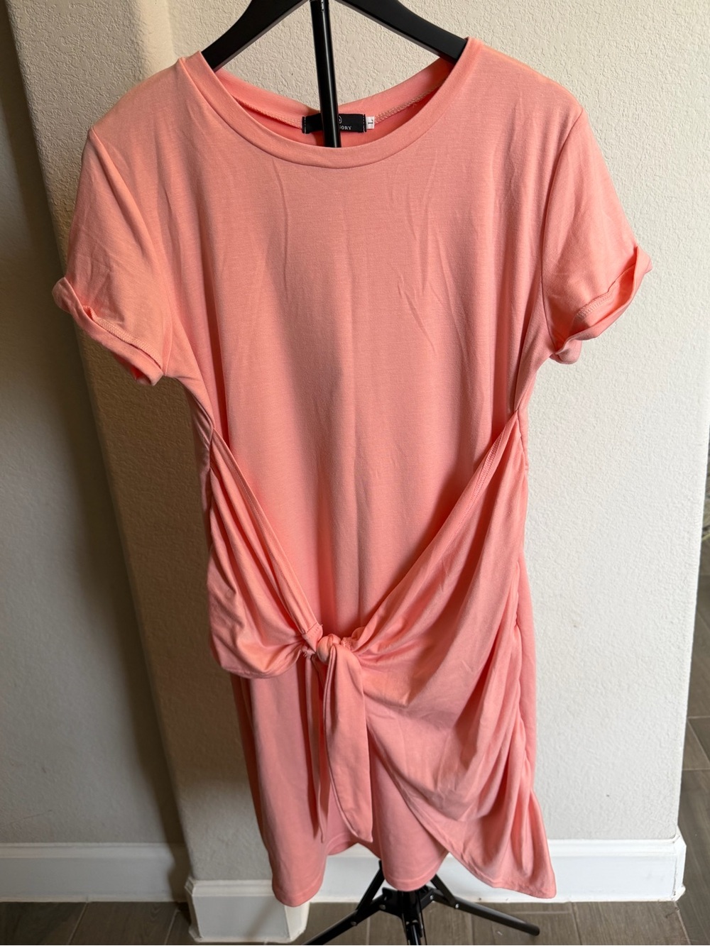 Lillusory Peach Tie-Front Midi Dress - Casual Short Sleeve Mid L - Picture 1 of 5